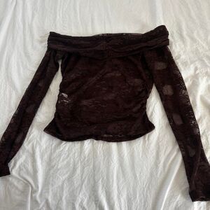 SHEIN Lace Off The Shoulder Going Out Medium Sheer Concert Women's Brown Blouse